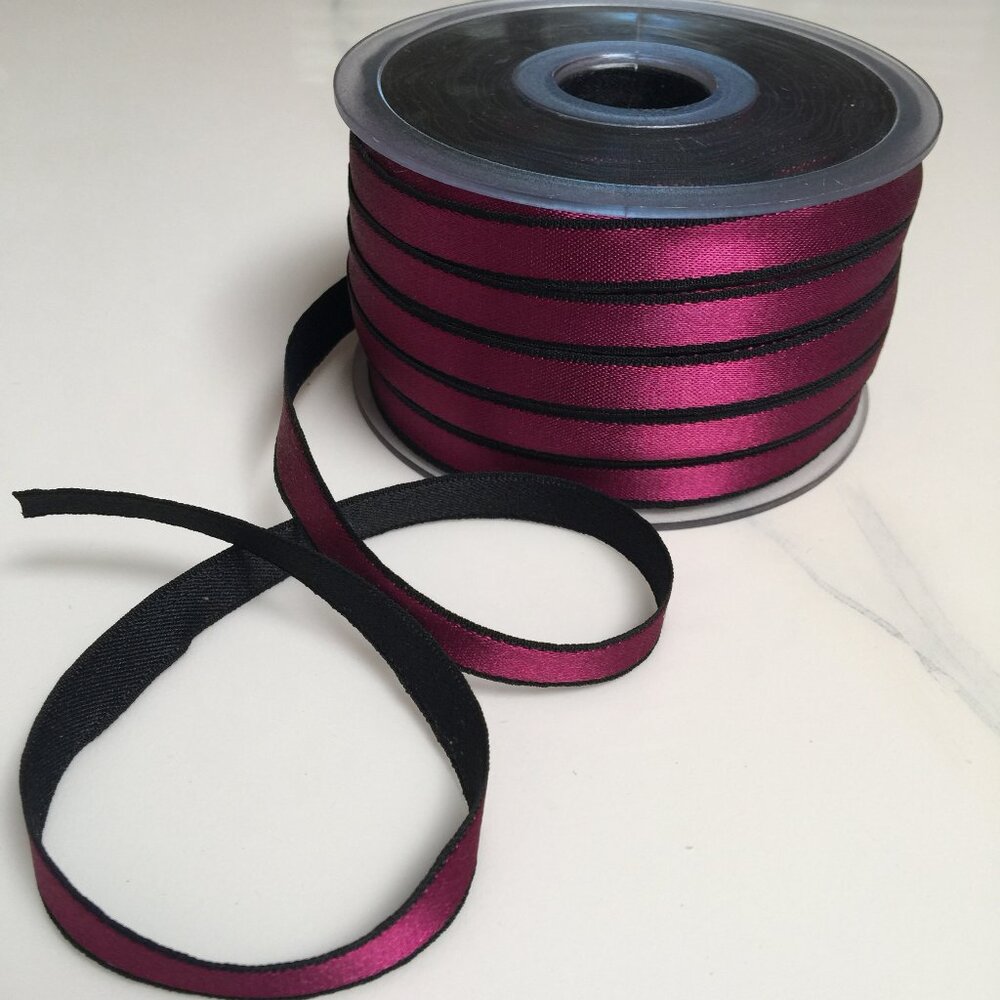 10 Yds Satin Rayon 1/4" Ribbon Double Faced Magenta/Black Gift Wrap Bouquet Xmas
